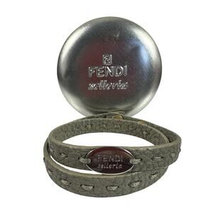 Fendi Gray Leather Selleria Wrap Bracelet 8in Silver Tone Logo Snap W/ Case